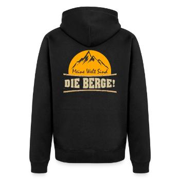 Meine Welt sind die Berge - Unisex Premium Bio Zip Hoodie - Schwarz - Hinten - Nico (187cm)