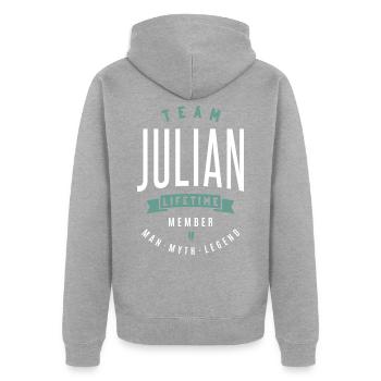 Name Julian - Unisex Premium Bio Zip Hoodie - Grau meliert - Hinten - Nico (187cm)