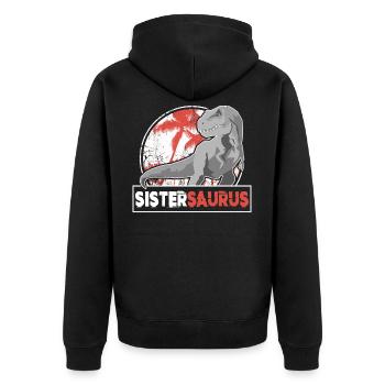 SISTERSAURIER Sister T Rex Dino Fan Shirt - Unisex Premium Organic Zip Hoodie - black - Back - Nico (187cm)