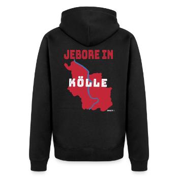 Jebore in Kölle Geboren in Köln Heimatliebe Kölsch - Unisex Premium Bio Zip Hoodie - Schwarz - Hinten - Nico (187cm)