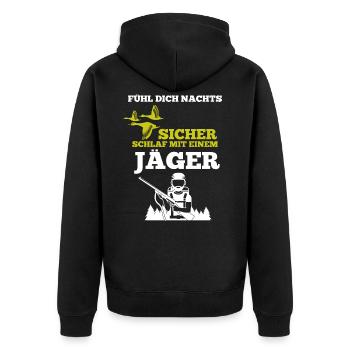 Jäger shirt • Schlaf mit einem Jäger Geschenk - Unisex Premium Bio Zip Hoodie - Schwarz - Hinten - Nico (187cm)