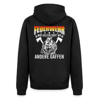 Wir helfen dort wo andere gaffen-Feuerwehr Spruch - Unisex Premium Bio Zip Hoodie - Schwarz - Hinten - Nico (187cm)