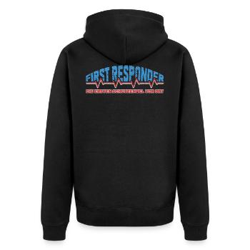 First Responder mit Herzschlag und coolen Spruch - Unisex Premium Bio Zip Hoodie - Schwarz - Hinten - Nico (187cm)