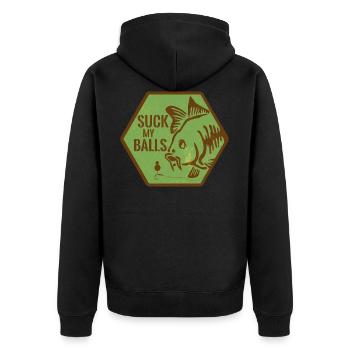Suck my Balls | Lustiger Spruch für Karpfen Angler - Unisex Premium Bio Zip Hoodie - Schwarz - Hinten - Nico (187cm)