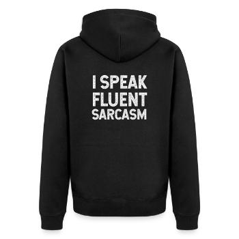 sarcasme, dictons, ironie, humour, sarcastique - Veste à capuche bio Premium Unisexe - noir - Dos - Nico (187cm)