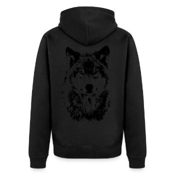 Coole OnePleasure Böser Wolf Blick Geschenk Ideen - Unisex Premium Bio Zip Hoodie - Schwarz - Hinten - Nico (187cm)
