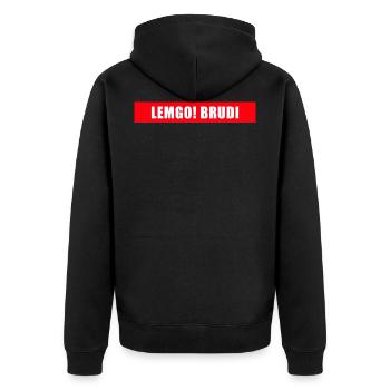 Lemgo! Brudi - Unisex Premium Bio Zip Hoodie - Schwarz - Hinten - Nico (187cm)