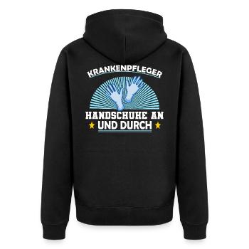 Krankenpflege Pfleger Outfit Handschuhe an - Unisex Premium Bio Zip Hoodie - Schwarz - Hinten - Nico (187cm)