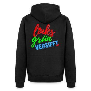 links grün versifft - Unisex Premium Bio Zip Hoodie - Schwarz - Hinten - Nico (187cm)
