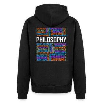 Philosophie - Worte - Unisex Premium Bio Zip Hoodie - Schwarz - Hinten - Nico (187cm)