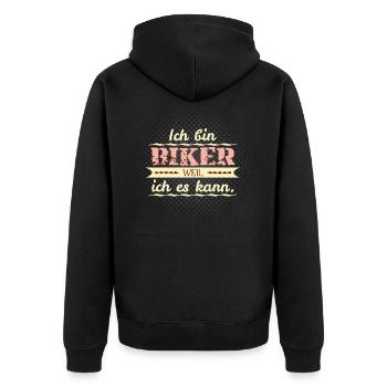 biker weil ich es kann - Unisex Premium Bio Zip Hoodie - Schwarz - Hinten - Nico (187cm)