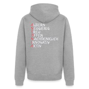 Antonia - Unisex Premium Bio Zip Hoodie - Grau meliert - Hinten - Nico (187cm)