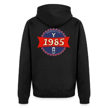 1985 geboren - Generation Y - Unisex Premium Bio Zip Hoodie - Schwarz - Hinten - Nico (187cm)