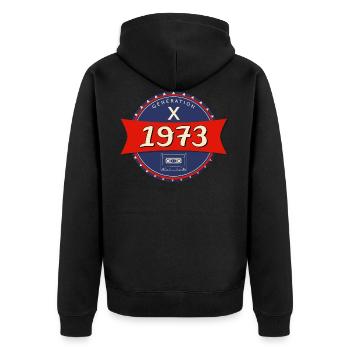 1973 geboren - Generation X - Unisex Premium Bio Zip Hoodie - Schwarz - Hinten - Nico (187cm)