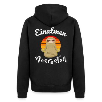 Einatmen Ausrasten Yoga Faultier - Unisex Premium Bio Zip Hoodie - Schwarz - Hinten - Nico (187cm)