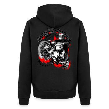 Gorilla-Power, Biker aus Leidenschaft - Unisex Premium Bio Zip Hoodie - Schwarz - Hinten - Nico (187cm)