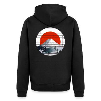Fuji Berg mit japanischer Flagge - Unisex Premium Bio Zip Hoodie - Schwarz - Hinten - Nico (187cm)