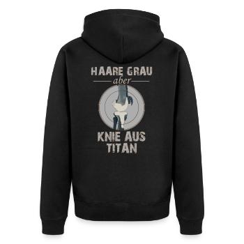 Haare grau aber Knie aus Titan - Unisex Premium Bio Zip Hoodie - Schwarz - Hinten - Nico (187cm)