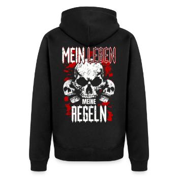 Mein Leben Meine Regeln - cooler Spruch - Unisex Premium Bio Zip Hoodie - Schwarz - Hinten - Nico (187cm)