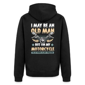 Motorrad alter mann - Unisex Premium Bio Zip Hoodie - Schwarz - Hinten - Nico (187cm)