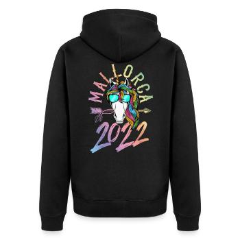 mallorca 2022 einhorn bunt - Unisex Premium Bio Zip Hoodie - Schwarz - Hinten - Nico (187cm)
