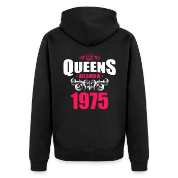 Queens born in 1975 - Unisex Premium Bio Zip Hoodie - Schwarz - Hinten - Nico (187cm)