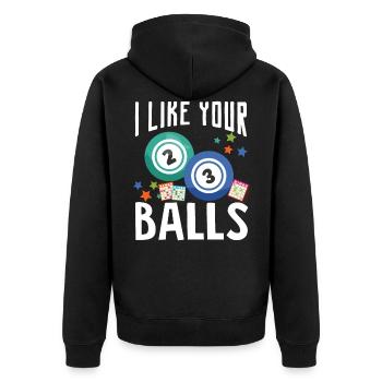 J’aime tes balles drôles de chance - Veste à capuche bio Premium Unisexe - noir - Dos - Nico (187cm)