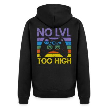 Trendiges Gamer Shirt – "NO LVL TOO HIGH" - Unisex Premium Bio Zip Hoodie - Schwarz - Hinten - Nico (187cm)