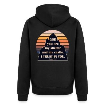Psalm 91:2 Trust God the shelter and castle Sunset - Unisex Premium Organic Zip Hoodie - black - Back - Nico (187cm)