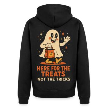 Hier für die Leckereien, nicht für die Tricks, süßes Halloween - Unisex Premium Bio Zip Hoodie - Schwarz - Hinten - Nico (187cm)