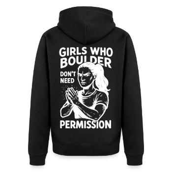 Bouldern starke Frauen - Bouldern ohne Erlaubnis - Unisex Premium Bio Zip Hoodie - Schwarz - Hinten - Nico (187cm)