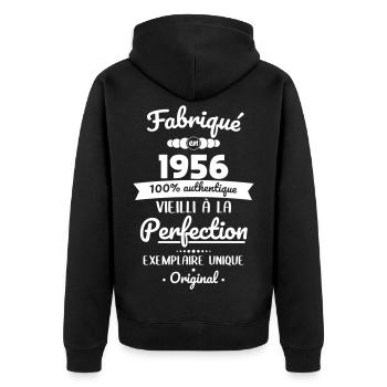 Made in 1956 – Aged to perfection - Unisex Premium Organic Zip Hoodie - black - Back - Nico (187cm)
