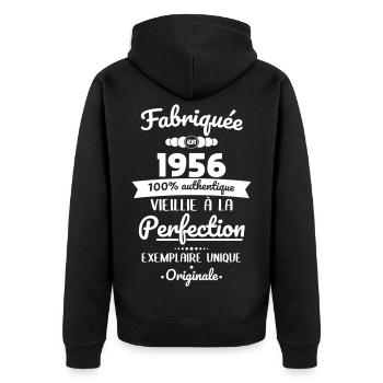 Made in 1956 – Aged to perfection - Unisex Premium Organic Zip Hoodie - black - Back - Nico (187cm)