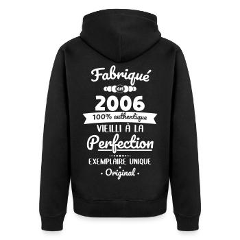 Made in 2006 – Aged to perfection - Unisex Premium Organic Zip Hoodie - black - Back - Nico (187cm)