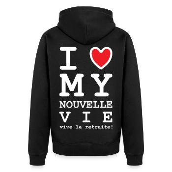 I Love My Nouvelle Vie (texte blanc) - Veste à capuche bio Premium Unisexe - noir - Dos - Nico (187cm)