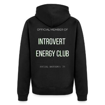 Introvert Energy Club - Lustig Social Battery Low  - Unisex Premium Bio Zip Hoodie - Schwarz - Hinten - Nico (187cm)