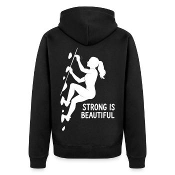 Strong is Beautiful – Ästhetik beim Bouldern - Unisex Premium Bio Zip Hoodie - Schwarz - Hinten - Nico (187cm)
