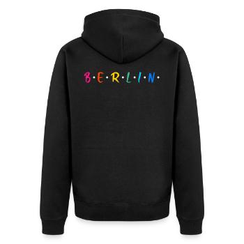 Berlin Berliner Berlinerin Neukölln Geschenk - Unisex Premium Bio Zip Hoodie - Schwarz - Hinten - Nico (187cm)