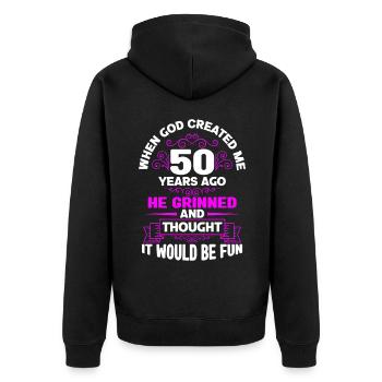 Als Gott mich vor 50 Jahren schuf - 50. Geburtstag - Unisex Premium Bio Zip Hoodie - Schwarz - Hinten - Nico (187cm)