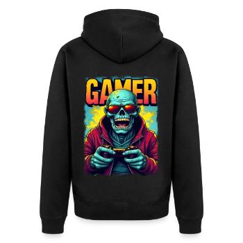 Zocker-Zombie mit Controller - Unisex Premium Bio Zip Hoodie - Schwarz - Hinten - Nico (187cm)