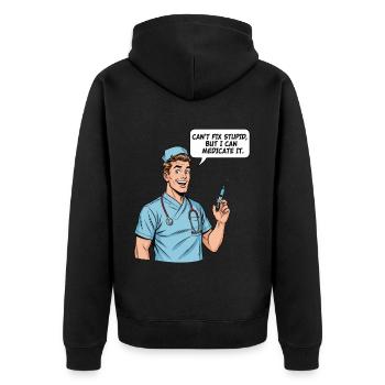 Funny Nurse Saying – Stupidity Medication - Unisex Premium Organic Zip Hoodie - black - Back - Nico (187cm)