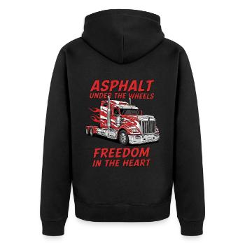 Trucker Freiheit – Asphalte sur roues au cœur de la route - Veste à capuche bio Premium Unisexe - noir - Dos - Nico (187cm)