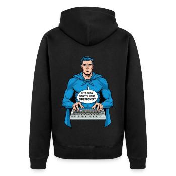 Super-héros : Je corrige des bugs ! - Veste à capuche bio Premium Unisexe - noir - Dos - Nico (187cm)