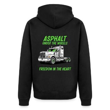Trucker Herz: Asphalt unter den Rädern - Unisex Premium Bio Zip Hoodie - Schwarz - Hinten - Nico (187cm)