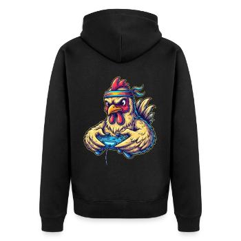 Zocker-Huhn: Game On! 🐔🎮 Lustiger Gamer - Unisex Premium Bio Zip Hoodie - Schwarz - Hinten - Nico (187cm)