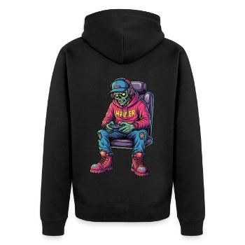 Untoter Zocker: Zombie Gamer Trucker - Unisex Premium Bio Zip Hoodie - Schwarz - Hinten - Nico (187cm)