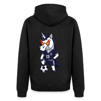 Wütendes Einhorn Fußball Fan Trikot 13 - Unisex Premium Bio Zip Hoodie - Schwarz - Hinten - Nico (187cm)