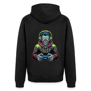 Zombie Zocker: Bis der Kopf explodiert! - Unisex Premium Bio Zip Hoodie - Schwarz - Hinten - Nico (187cm)