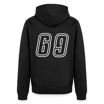69 Zahl nummer - Unisex Premium Bio Zip Hoodie - Schwarz - Hinten - Nico (187cm)