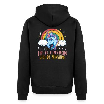 Freakin Ray Of Sunshine Unicorn Rainbow Geschen - Unisex Premium Organic Zip Hoodie - black - Back - Nico (187cm)